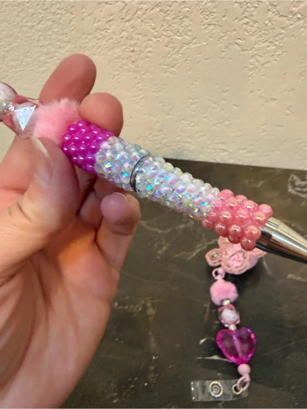 Pink Stethoscope and Hearts Rhinestone Beaded Pen and Matching Badge Reel Set